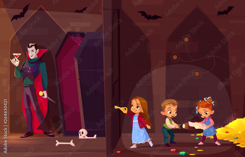 Quest escape room for kids entertainment cartoon vector concept. Little children with map and flash light, searching exit from treasury in dark dungeon, opening door to room with evil vampire inside