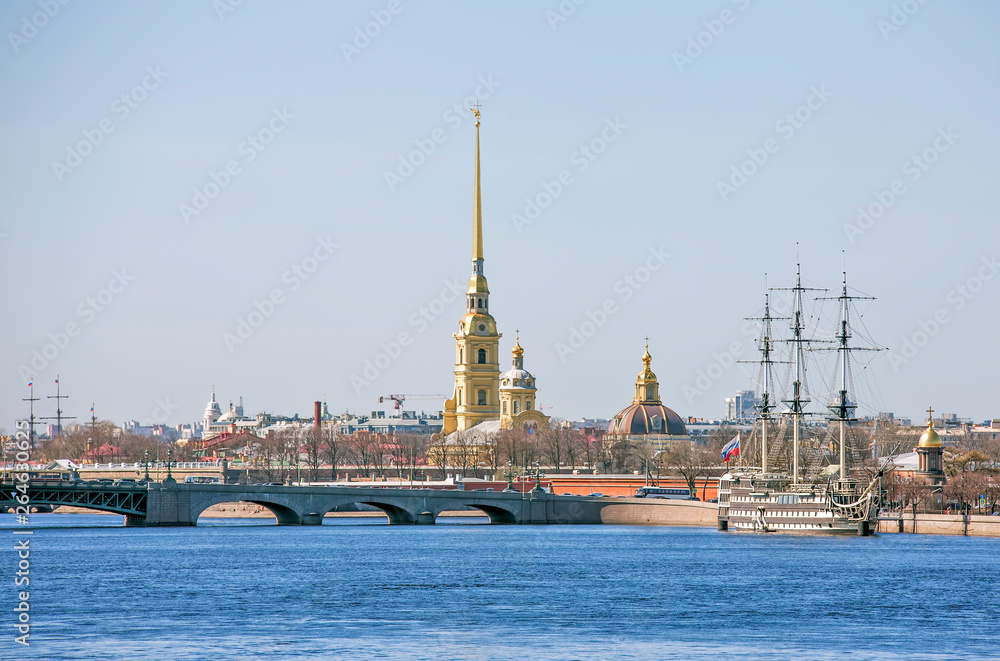 Symbols of St. Petersburg. Trinity Bridge, Peter and Paul Fortress, the frigate Grace and the Neva. Russia