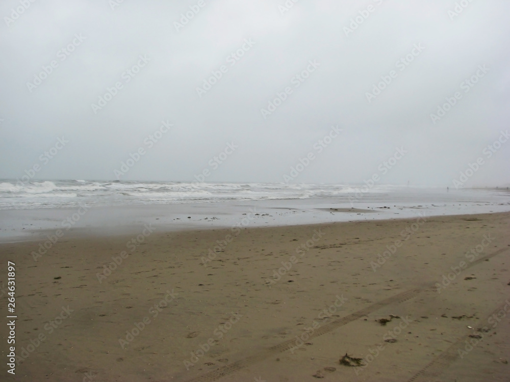 Storm on the sea beach sand big waves. Gray rainy sky.