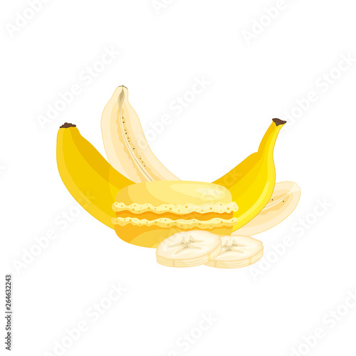 Banana macaroon isolated on white background. Vector composition with banana and traditional french pastry. Template on the theme of popular baking in cartoon style