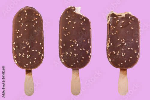 Photography Chocolate, fruit, vanilla ice cream on a pink background. collage