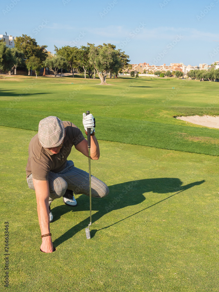 athletic and attractive man playing golf on a sunny day