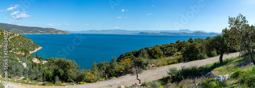 Landscape with small greek islands and bays on Peloponnese, Greece near Arkadiko town, summer vacation destination