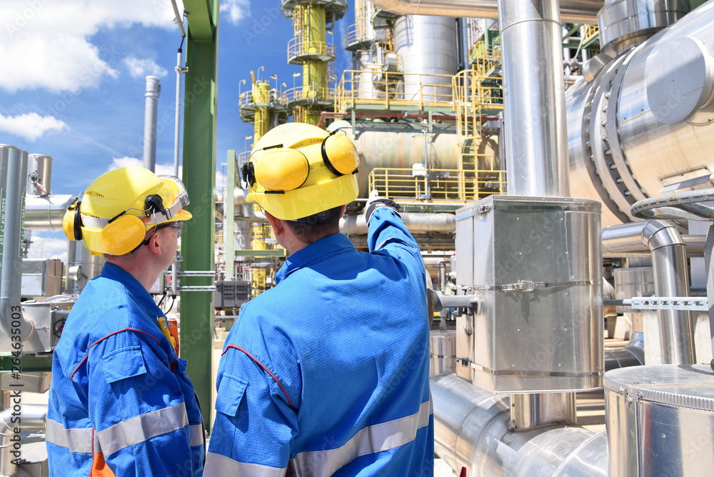 Chemical Industry Plant Workers In Work Clothes In A Refinery With 