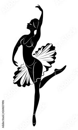 Silhouette of a cute lady, she is dancing. The girl has a beautiful figure. The woman is a young sexy and slim ballerina. Vector illustration.
