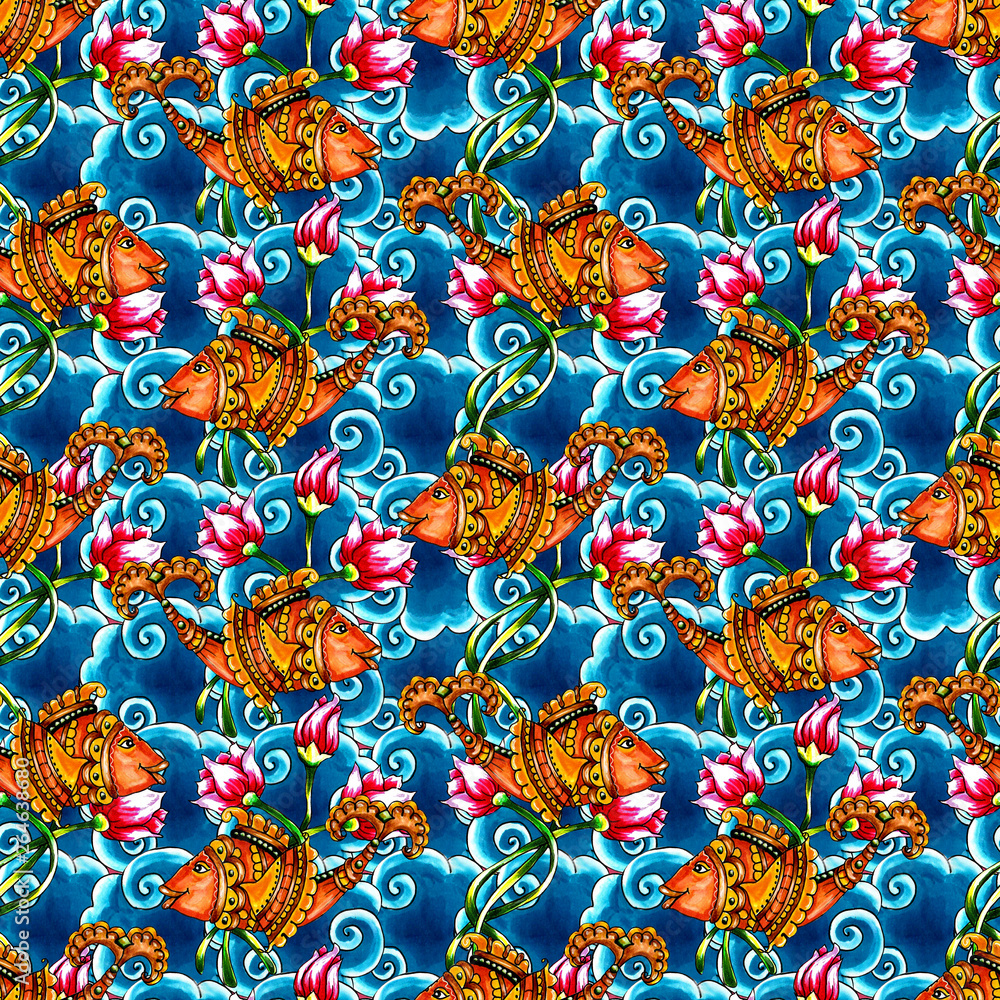 Fish and waves seamless pattern Fish and waves seamless pattern