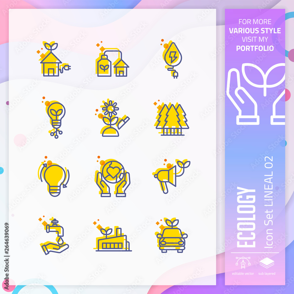 Fototapeta premium Ecology icon set with lineal style for nature symbol. Eco icon bundle can use for website, app, UI, infographic, print template and presentation.
