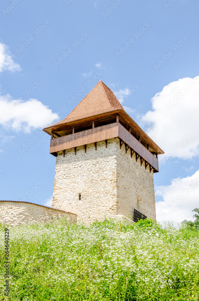 Rasnov Fortress tower in the Carpathian Mountains in the Transylvania region of Romania on a sunny summer day