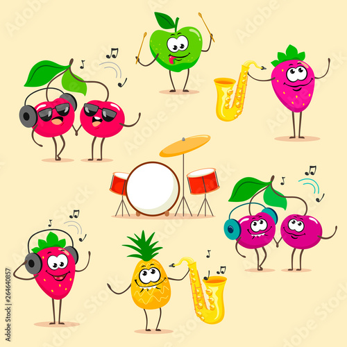 Fun and musical set of cartoon fruits. Vector fruit isolates on white background