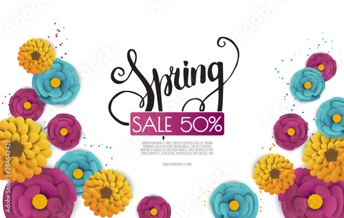 Spring sale banner with paper flowers on a white background.