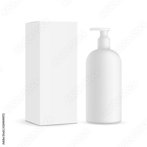 Plastic pump bottle with cardboard rectangular box mockup isolated on white background. Vector illustration