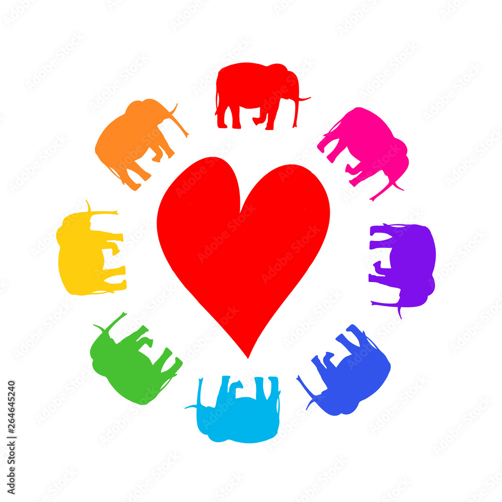 image of elephants around heart on white background. Diversity. image of elephants around heart on white background. Diversity.
