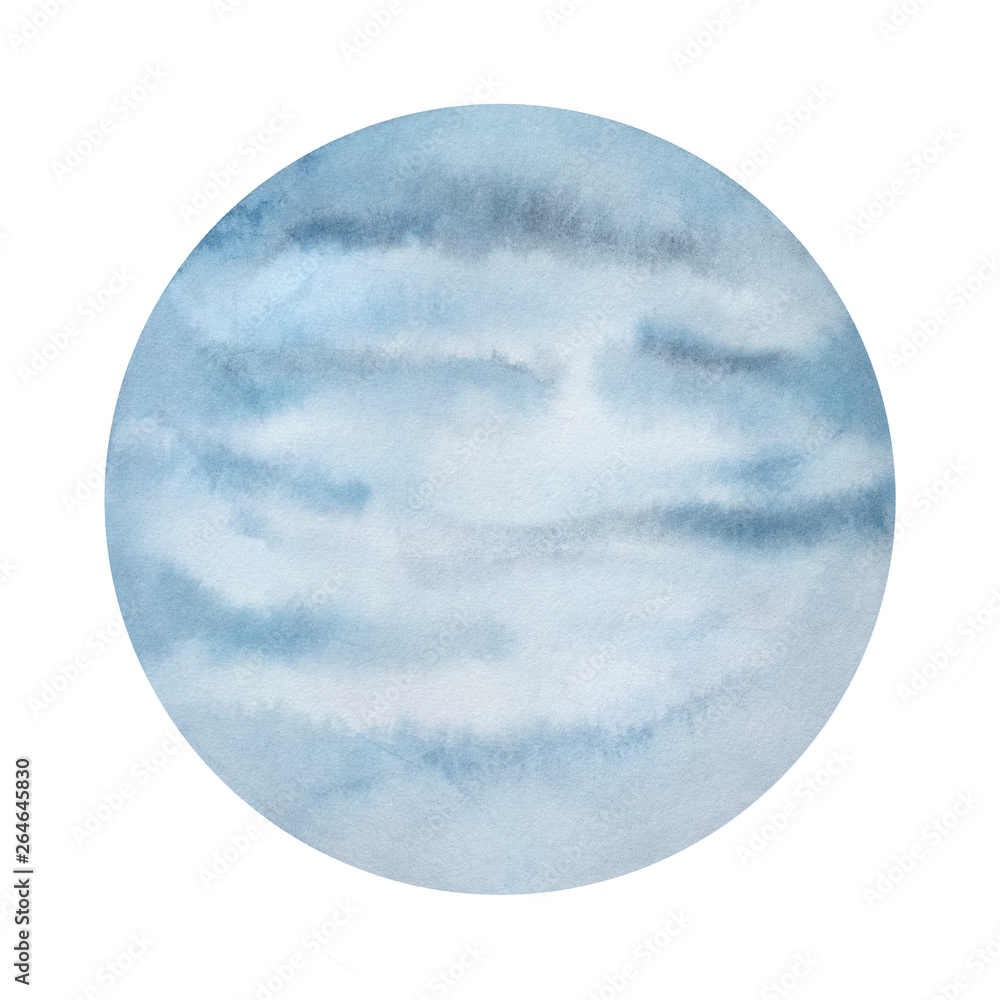 Obraz premium Misty planet watercolor illustration. Grey and pastel blue colors. Beautiful backdrop to place text message. Handdrawn watercolour graphic drawing on white, isolated element for creative design.
