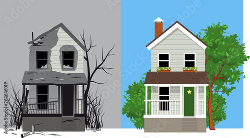 Burned house after fire and same house after restoration, EPS 8 vector illustration © aleutie
