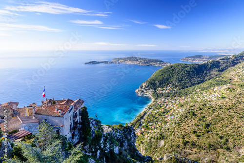 Fototapeta Naklejka Na Ścianę i Meble -  Scenic view of the Mediterranean coastline and medieval houses from the top of the town of Eze village on the French Riviera