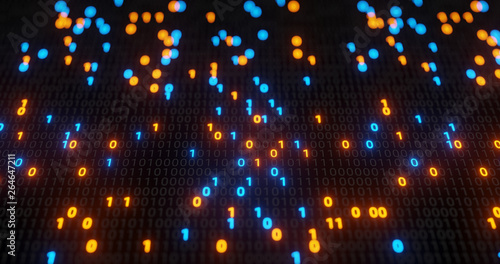 Abstract blue and orange digital binary code matrix background with flare. Futuristic Big data information technology  data center  block chain  server  internet  hi-speed. 3D rendering