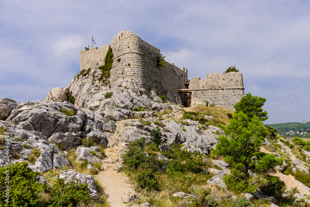 Omis fortress - ancient fortress on the top of a mountain in Omis town, Dalmatia region, Croatia