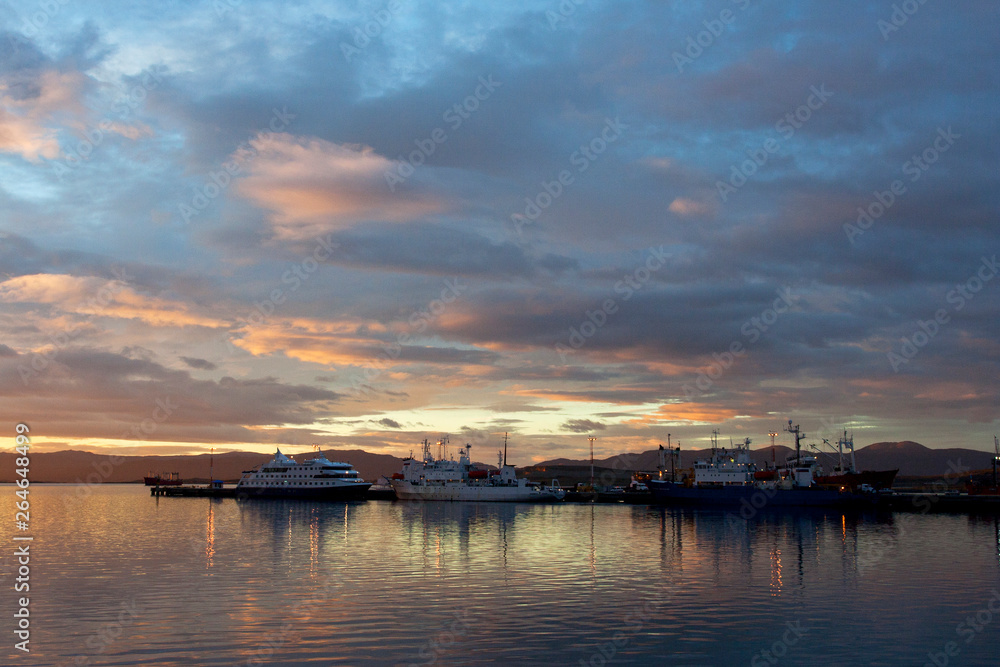 Ushuaia harbour (Argentina) with stunning sunset. One of the most southern most cities in the world.