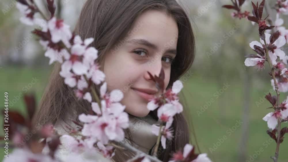 Portrait of a beautiful girl with a flowering tree. A cute young girl in a blooming park. Portrait of a beautiful girl with a flowering tree. A cute young girl in a blooming park.