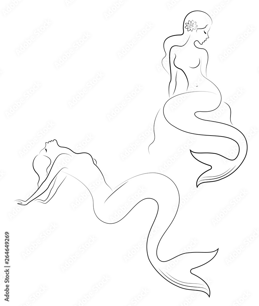Collection. Silhouette of a mermaid. Beautiful girl lies on a rock. The lady is young and slender. Fantastic image of a fairy tale. Set of vector illustrations Collection. Silhouette of a mermaid. Beautiful girl lies on a rock. The lady is young and slender. Fantastic image of a fairy tale. Set of vector illustrations