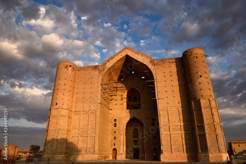 Red light on Khoja Ahmed Yasawi Mausoleum at dawn in Turkestan Kazakhstan photo