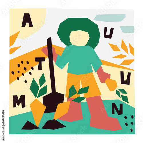 Season Autumn. Vector illustration of farmer with a shovel digging carrots in the garden. Autumn village landscape. Man in boots and a hat gathers the harvest