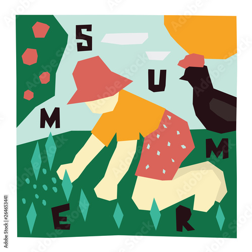 Season Summer. Vector illustration of man in the garden grooming plants. Summer village landscape with poultry and farmer in the hat.