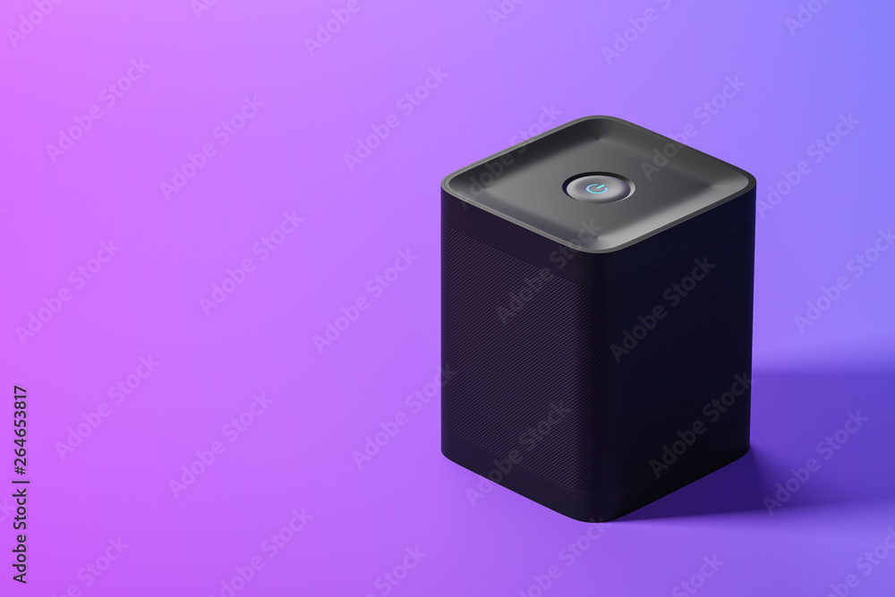Black smart speaker over purple background Black smart speaker over purple background
