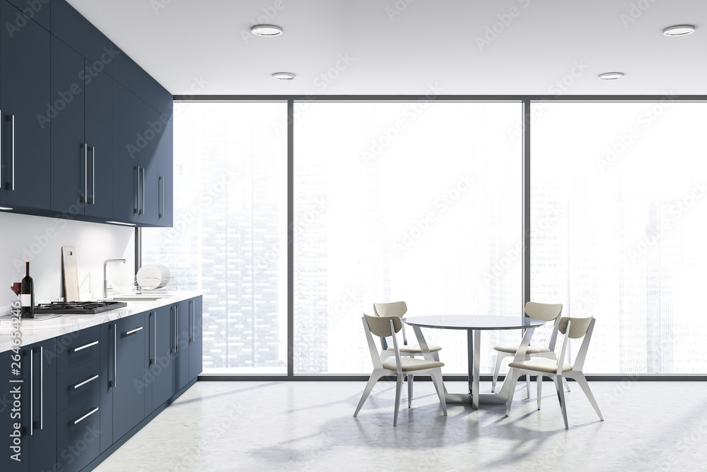 White panoramic kitchen, blue counters and table