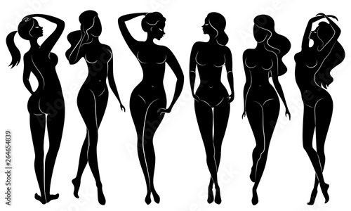 Collection. Silhouettes of lovely ladies. Beautiful girls stand in different poses. The figures of women are feminine, naked and slender. Set of vector illustrations.