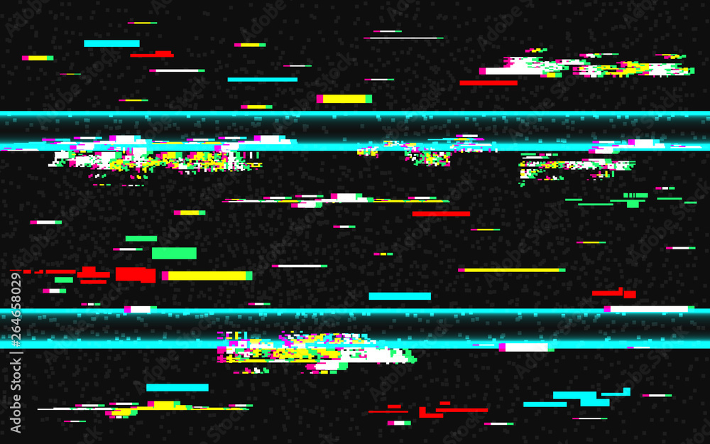 Glitch distortion template. VHS background with glitched color lines