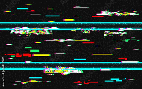 Glitch distortion template. VHS background with glitched color lines. Abstract pixel noise with rewind effect. HDTV no signal. TV problems. Vector illustration