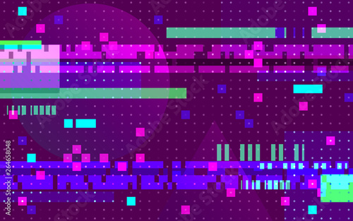 Glitch geometric distortion background. Abstract color pixels on purple backdrop. Random color lines. Old game concept. Modern glitch template. Vector illustration