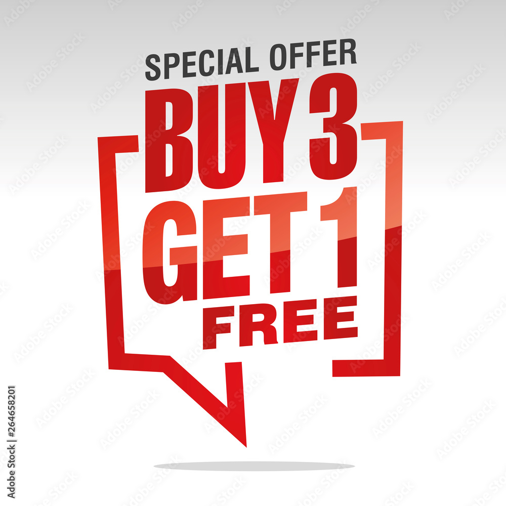 Buy 3 get 1 free in brackets speech red white isolated sticker icon Buy 3 get 1 free in brackets speech red white isolated sticker icon
