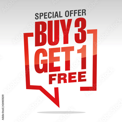 Buy 3 get 1 free in brackets speech red white isolated sticker icon