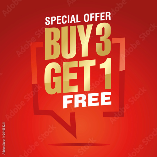 Buy 3 get 1 free in brackets speech gold white red sticker icon