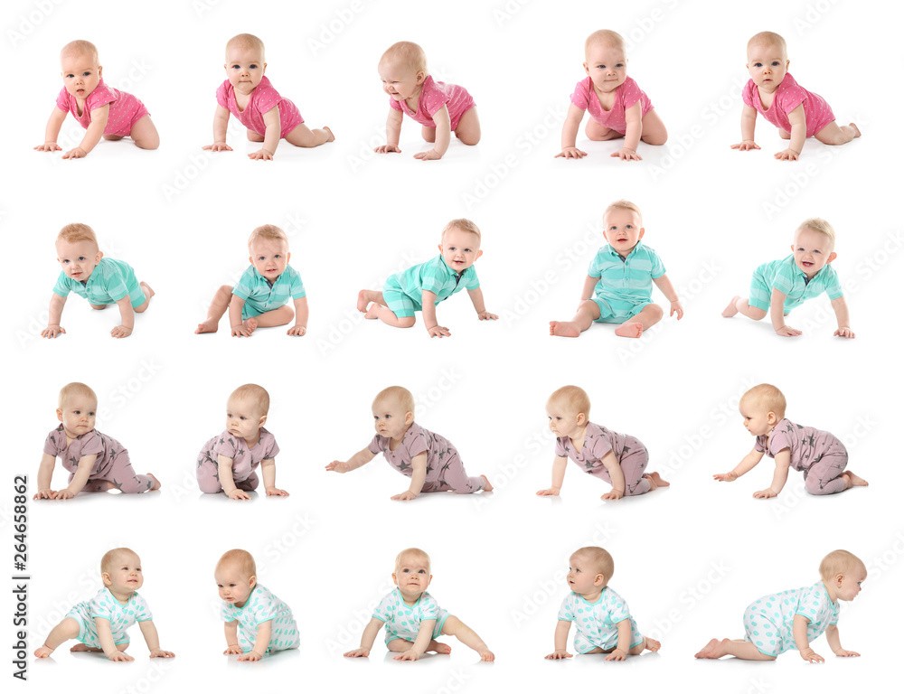 Set of cute little babies crawling on white background - obrazy, fototapety, plakaty 
