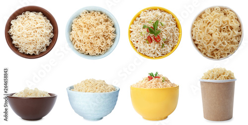 Set of different dishware with delicious cooked noodles on white background