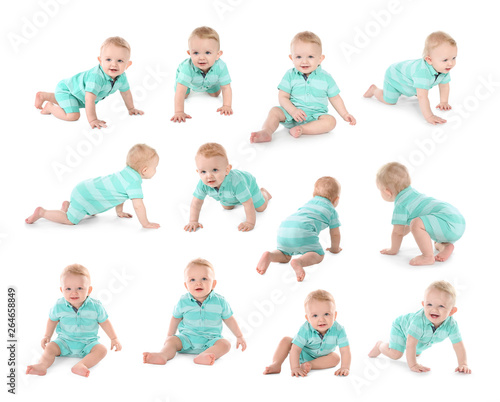 Set of cute little baby crawling on white background