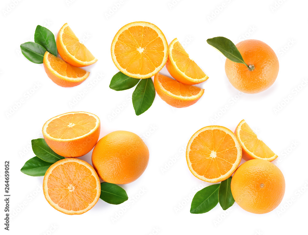 Set of ripe juicy oranges on white background, top view Set of ripe juicy oranges on white background, top view