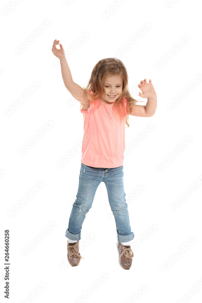Pretty little girl jumping against white background Pretty little girl jumping against white background
