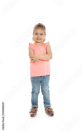 Full length portrait of cute little girl against white background
