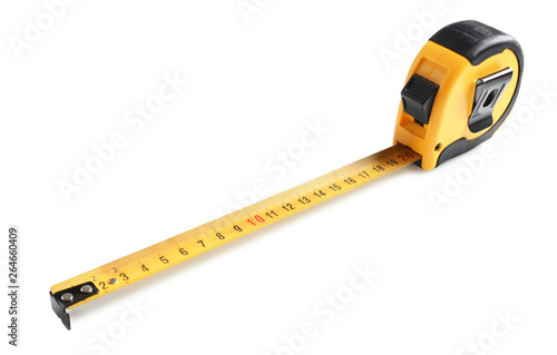 Metal measuring tape on white background. Construction tool © New Africa