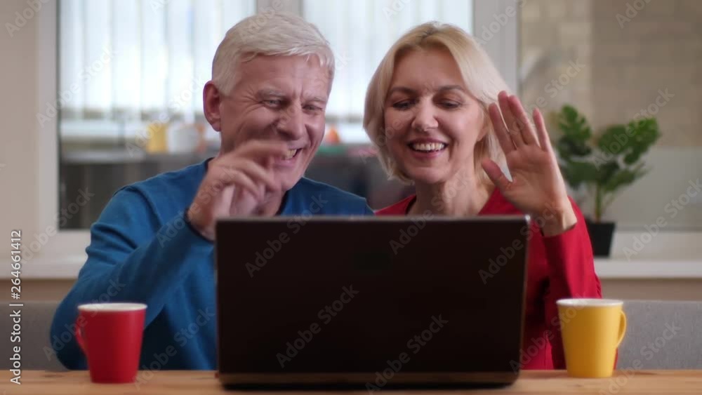 Closeup shoot of aged happy couple having a video call on the laptop with cups with tea on the desk and waving hi indoors in a cozy apartment Closeup shoot of aged happy couple having a video call on the laptop with cups with tea on the desk and waving hi indoors in a cozy apartment