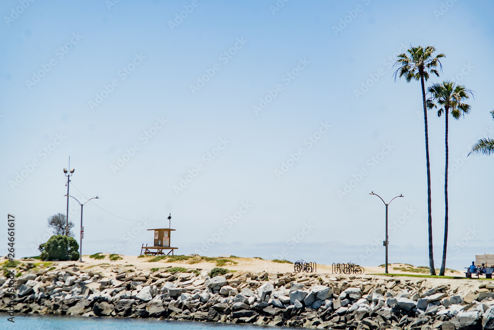 Lifeguard tower and palm trees