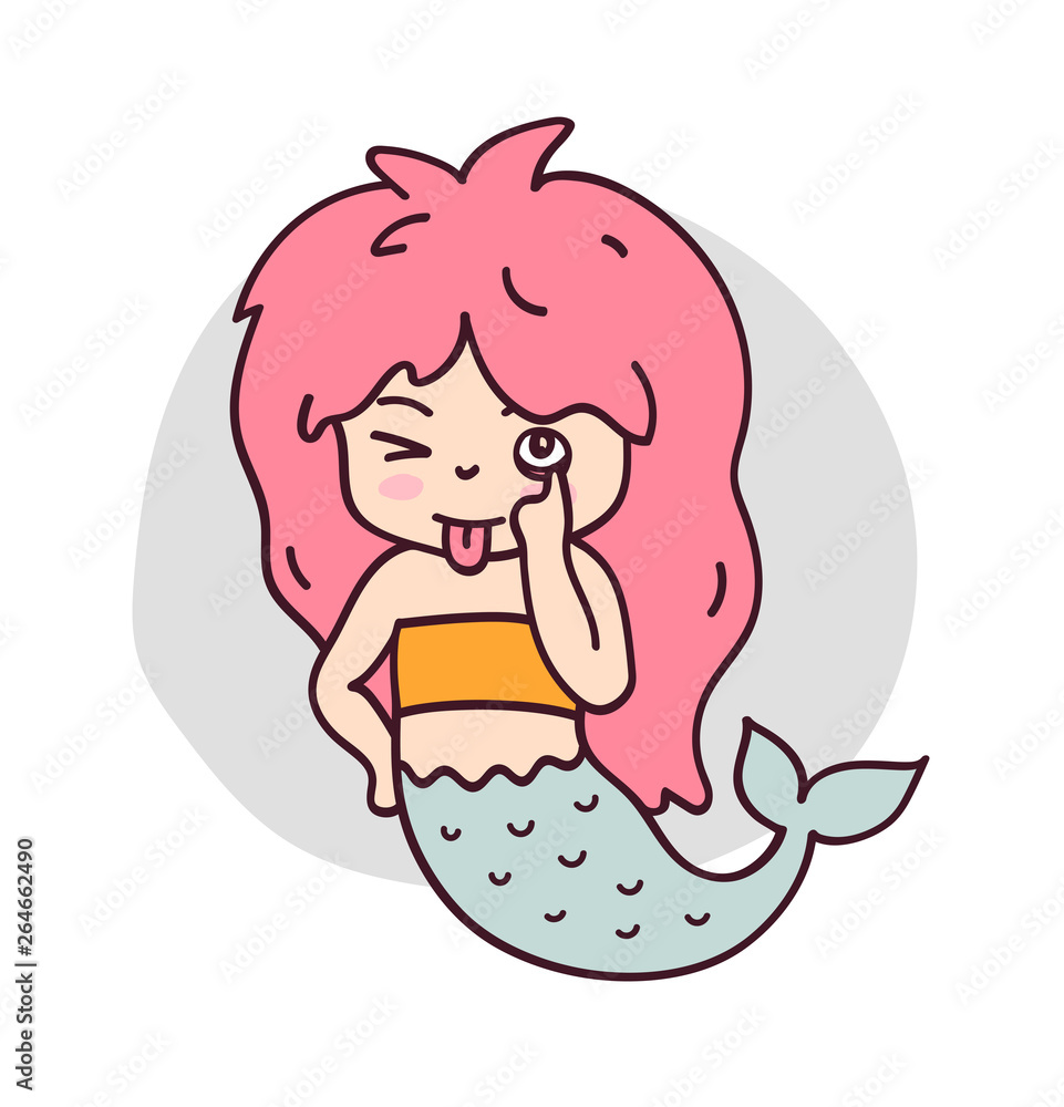 Teasing mermaid sticking tongue out. Mermaid makes faces. Cute cartoon character for emoji, sticker, pin, patch, badge. Vector illustration. Teasing mermaid sticking tongue out. Mermaid makes faces. Cute cartoon character for emoji, sticker, pin, patch, badge. Vector illustration.