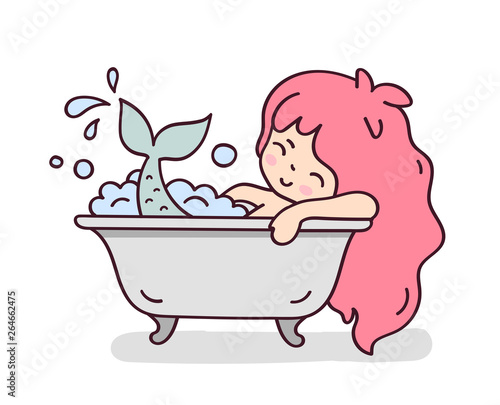 Mermaid taking a foam bath. Cute cartoon character for emoji, sticker, pin, patch and badge. Vector illustration.