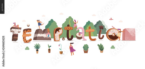 Dessert lettering - Temptation - modern flat vector concept digital illustration of temptation font, sweet lettering and girls. Caramel, toffee, biscuit, waffle, cookie, cream and chocolate letters