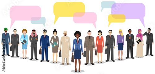 Group of men businessmen standing together and speech bubbles on white background in flat style. Business team and teamwork. Different nationalities and dress styles. Concept of the opinion poll.