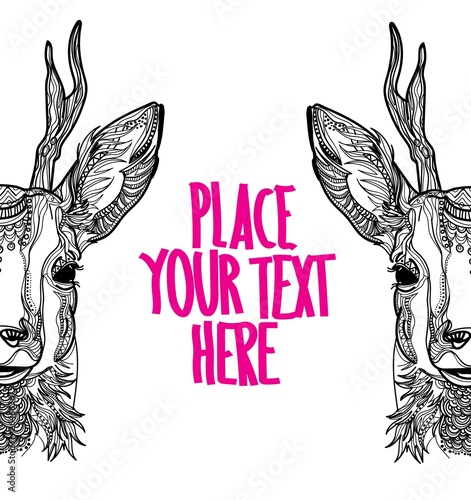 Head of roe deer. Meditation, coloring of the mandala. Head of a deer with horns. Drawing manually, templates. Strips, points, arrows.